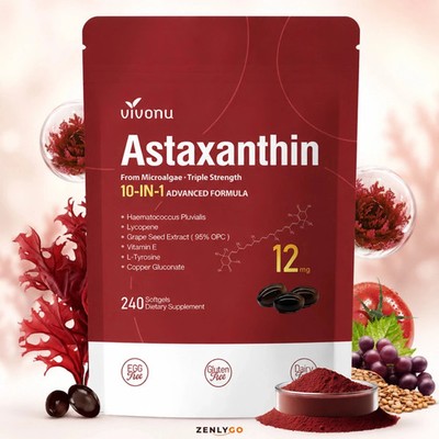Astaxanthin 12mg 240 Softgels, 4 Month Supply,Triple Strength,Non-GMO,Eye Health