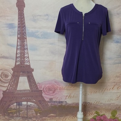 Ava James Purple Short-Sleeve Zip Front Women's Top Sz M