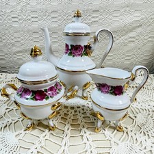 Porcelain Tea Set Red Pink Roses Gold Trim