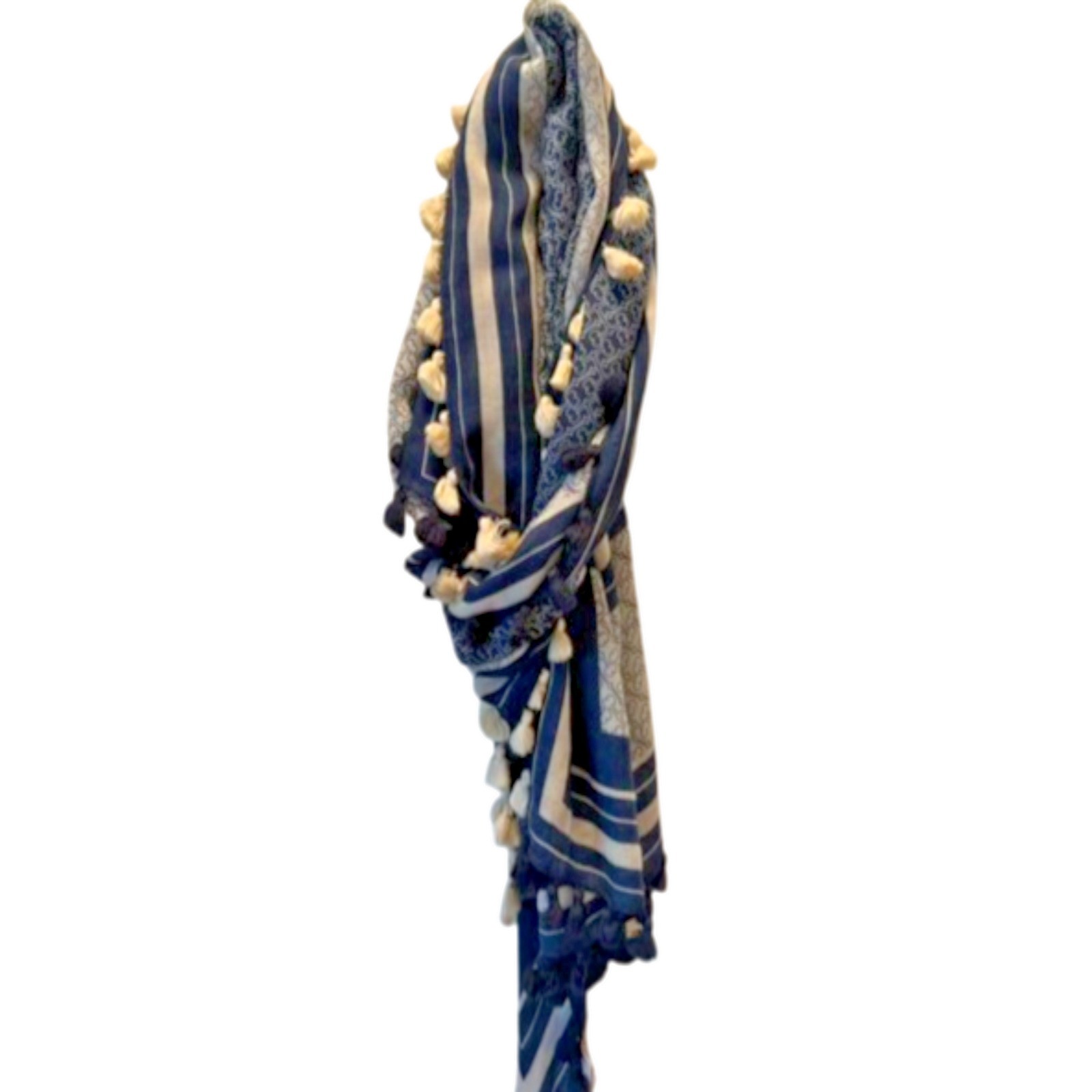 Tory Burch Wool Tassel Scarf Wrap Navy Blue Logo Print Oversized Shawl OS