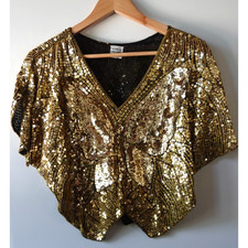 Vintage 80s Top Gold Butterfly Sequin Silk Fairy Disco Retro 70s Boho Beaded M/L
