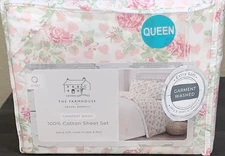 THE FARMHOUSE Rachel Ashwell Shabby Chic White/Pink Queen Sheet Set Roses&Hearts