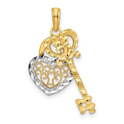 10k Bicolor Gold Filigran Herz Schloss und Schlüssel Anhänger Geschenk für Mutter