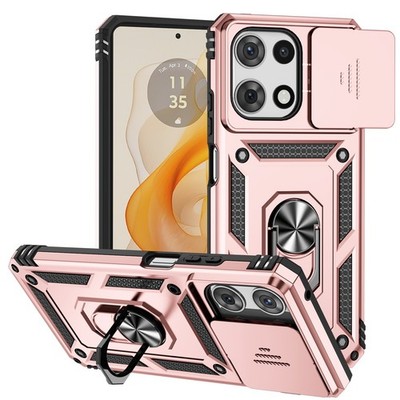 Custodia per Motorola Moto G31 a doppio strato con copertura scorrevole della fotocamera e supporto ad anello Rosa