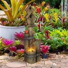 Outsunny Tree Trunk Outdoor Fountain with Birdhouse Backyard Water Feature