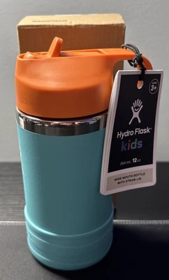 Hydro Flask Kid's Wide Mouth Water Bottle w/Straw Cap and Boot, 12oz - Seaspray
