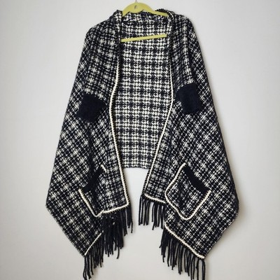 Tweed black & white gold thread trim Shawl Wrap Poncho with Sleeves