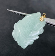 14K Gold Celadon Jade Fish Pendant Enhancer Prosperity Symbol 1.25” 8.5g