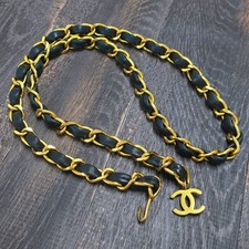 CHANEL Gold Plated Black Leather CC Logos Vintage Chain Belt 1123c Rise-on