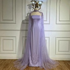 Lilac Stain Evening Gown Beaded Prom Dress Cape Pleats Wedding Evening Dress