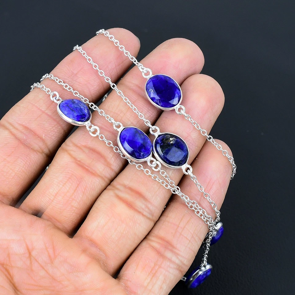 蓝色蓝宝石椭圆形宝石 925 纯银珠宝礼品项链 36" VJ 974 — 第 4/4 张图片