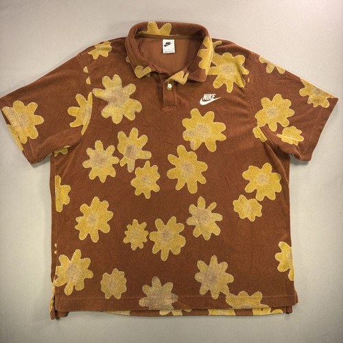 Y2K Nike Sportswear Open Nature Floral Terry Cloth Polo Shirt Mens XL Brown VTG