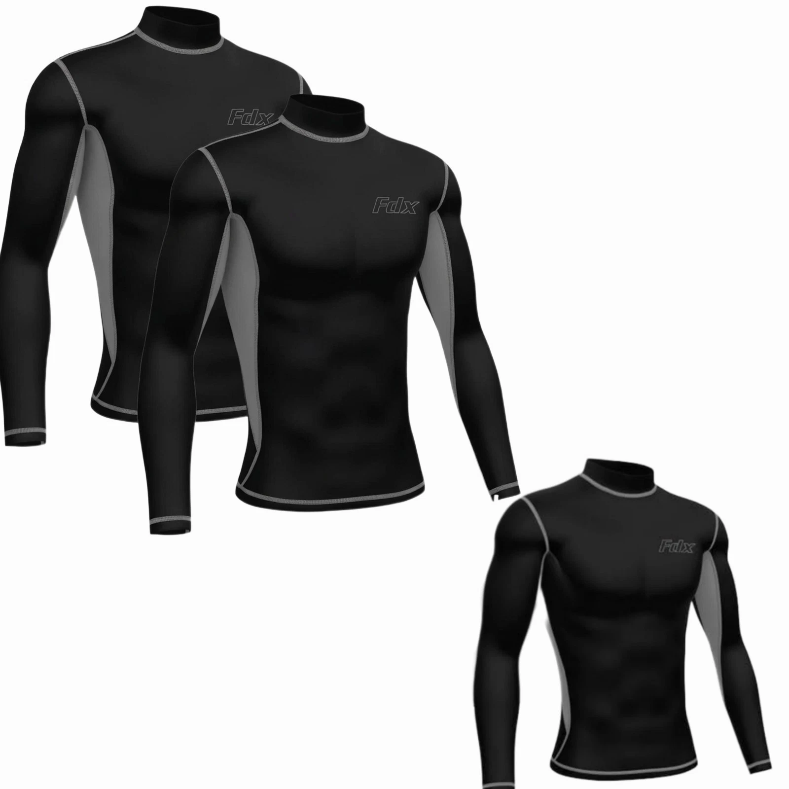 Mens Thermal Compression Base Layer Top Long Sleeve Winter Black/Grey XXL