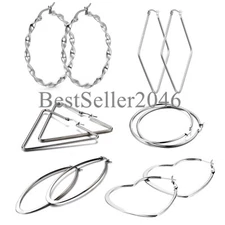 6 Pairs Women Girls Silver Tone Stainless Steel Large Hoop Earrings Gift Set