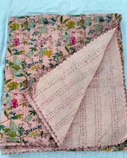 Handmade Kantha Quilt Throw Blanket Peach Floral Vintage Indian Cotton Bedspread