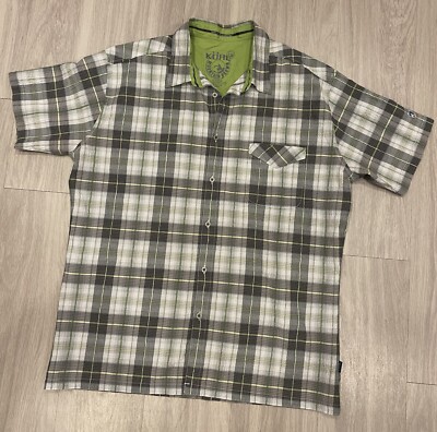 Kuhl Shirt Mens XL Short Sleeve Button Up Plaid Cotton Poly Blend Stretch EUC