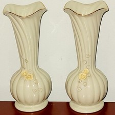 RARE Pair of MCM Green w Yellow Floral Applique Gold Rim Vases Royal Crest China
