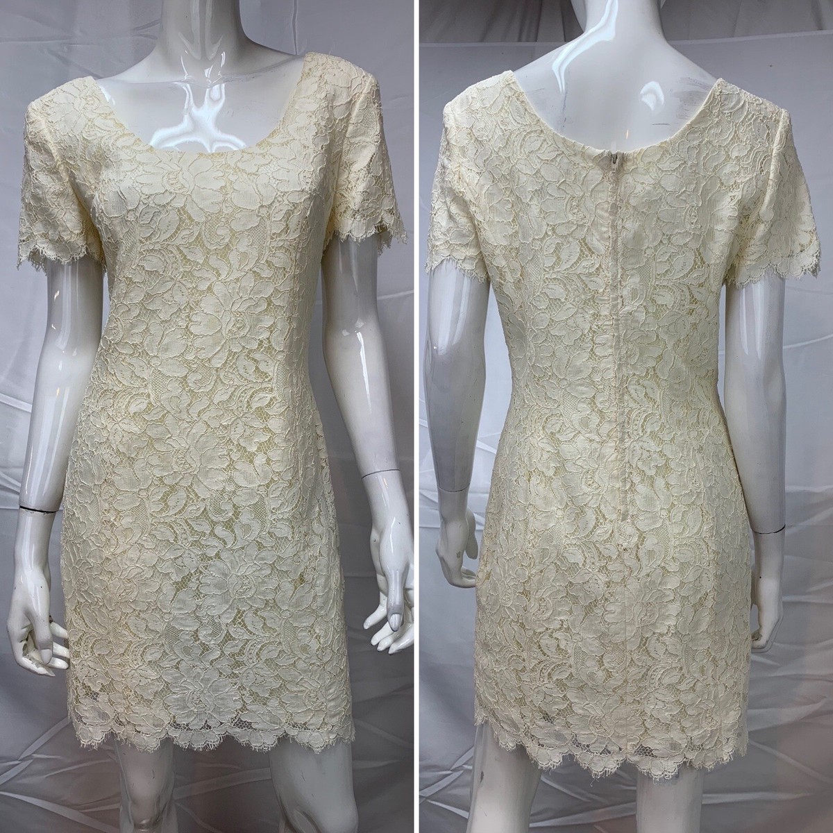 Paule Ka Paris Cream Short Sleeve Floral Lace Short Scalloped Hem Dress 42 Paule Ka Paris Cream Short Sleeve Floral Lace Short Scalloped Hem Dress 42