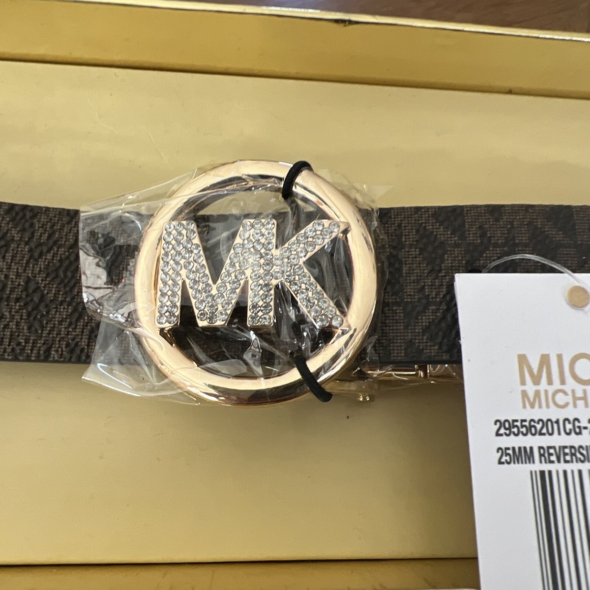 NWT Michael Kors Brown Signature Reversible Pave Logo Belt In Gift