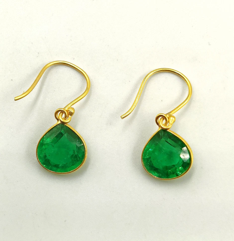 Lab-Created 18k Solid Yellow Gold Emerald Gemstone Handmade Beautiful Earring - Image 4 of 4