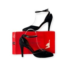 Vintage Charles Jourdan Black Suede Ankle Strap Pumps, Size 8 1/2