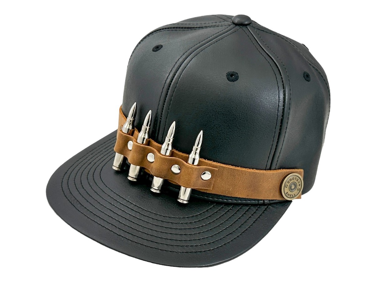 Black Leather Baseball Cap Hat 4 Nickel Bullets Adjustable Faux