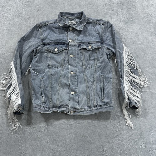Elia Cher Fransen Denim Langarm Knopf Jacke Oberteil Damen Small Western blau