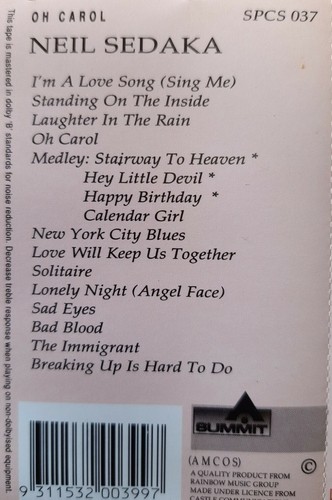 Neil Sedaka - In Concert Oh Carol! Cassette Tape. FREE POST!! - Picture 4 of 6