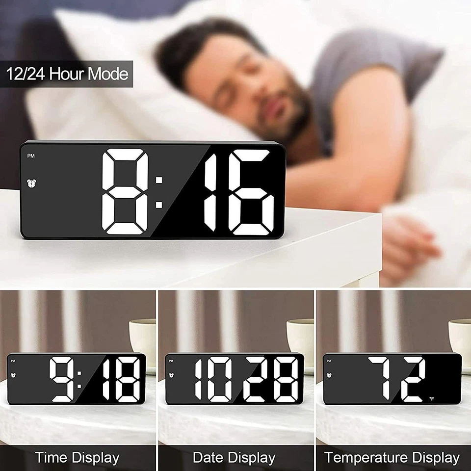 Digital LED Desk Alarm Clock Large Mirror Display USB Snooze Temperature Mode - Image 3 of 4