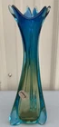 Vintage Handmade Venetian Italy Jordan Imports 12" Swung Glass Vase Blue /  Gold