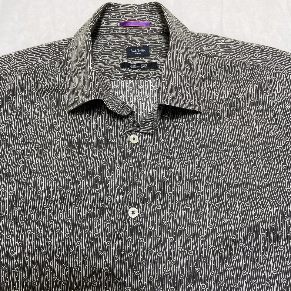 PAUL SMITH London Slim Fit Black White Long Sleeve Floral Shirt ~ Size 16 41 - image 3 of 4