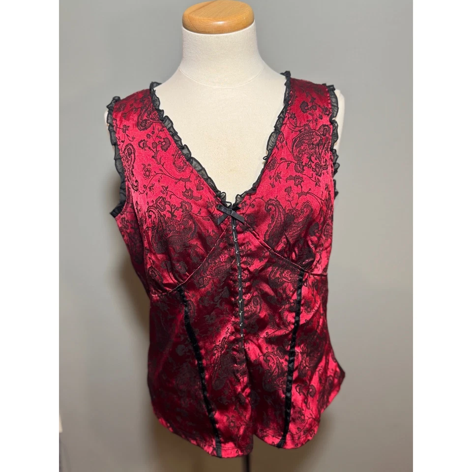 Camiseta sin mangas grande Y2K años 2000 Fashion Bug roja y negra gótica con ribete de encaje Foto 4 de 4