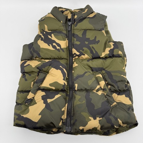 Old Navy Puffer Vest Boys Size 4T Green Camo Fleece Lined Full Zip  Camouflage