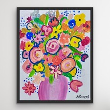 ARivers Modern Art Bright Cheerful Floral Painting 14x11 Signed Canvas Original