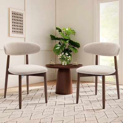 Set of 2 Solid Wood Upholstered Dining Chairs - Ergonomic Curved Back, Fabric