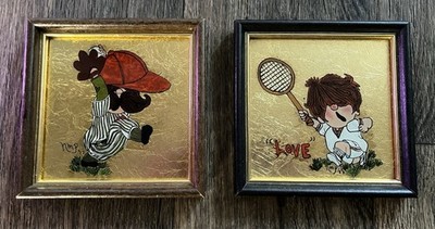 Set of 2 Framed Vintage Gold Foil Artwork Signed 1977 Tennis Baseball 70 s Style