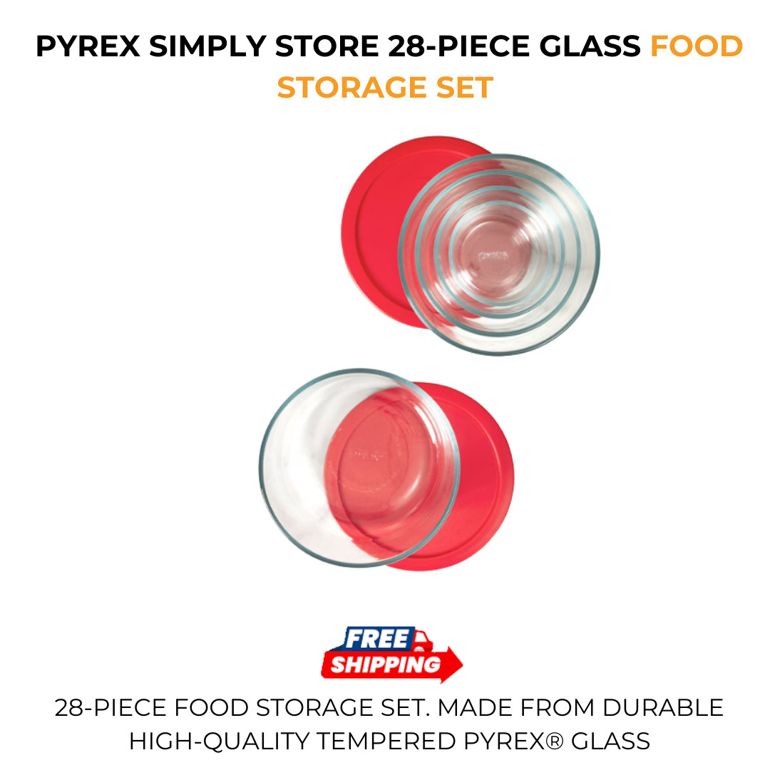 Pyrex Simply Store 28-Piece Glass Food Storage Set Durable Leak Proof Lids