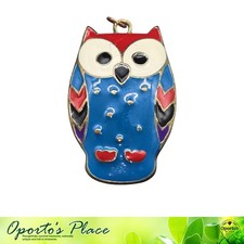 Enamel Over Metal Owl Bird Pendant Multicolor Medium Size Unsigned Blue Red