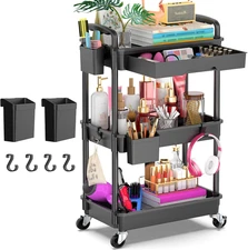 3 Tier Rolling Utility Cart Organizer with Removable Drawer, Stable and Sturdy B
