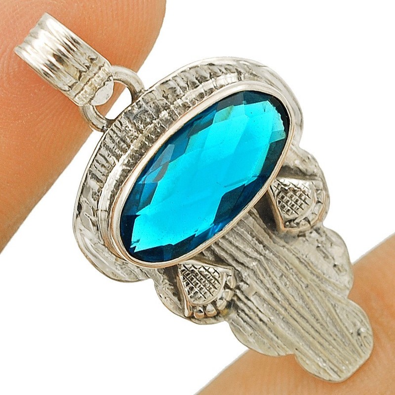 Natural 8CT Flawless Blue Topaz 925 Sterling Silver Pendant 1 1/2" Long @3-1