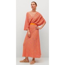 MNG Multicolored Crochet Knit Maxi Dress Orange Pink V-Neck Oversized Boho Sz 10
