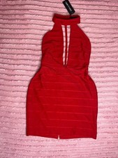 Red Plunge Neck Cut Out Backless Strappy Bandage Halter Neck Bodycon Mini Dress