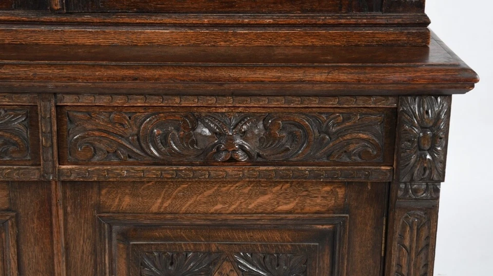 Antique carved oak bookcase lion heads north wind face 2pc 1890 Victorian Horner - Image 4 of 4