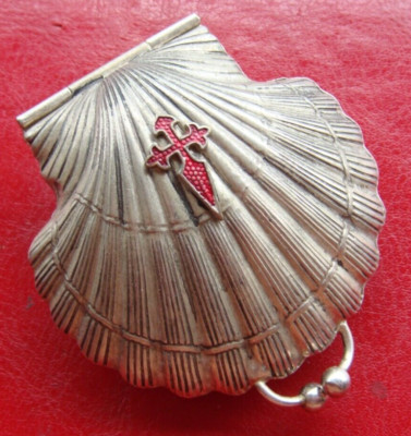 OLD RARE ANTIQUE SANTIAGO COMPOSTELA SILVERED SHELL ROSARIO ROSARY CASE