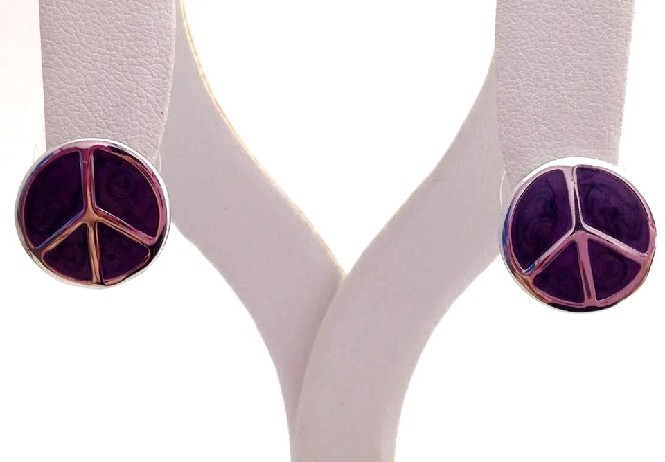 Pendientes Lauren G Adams Niñas 10mm Post Peace Sign en Esmalte Púrpura EB-54504 Nuevos Foto 2 de 2