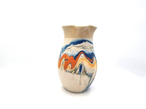 Nemadji Pottery Pitcher Blue and Electric Orange Swirl Pattern Marked - Picture 3 of 10