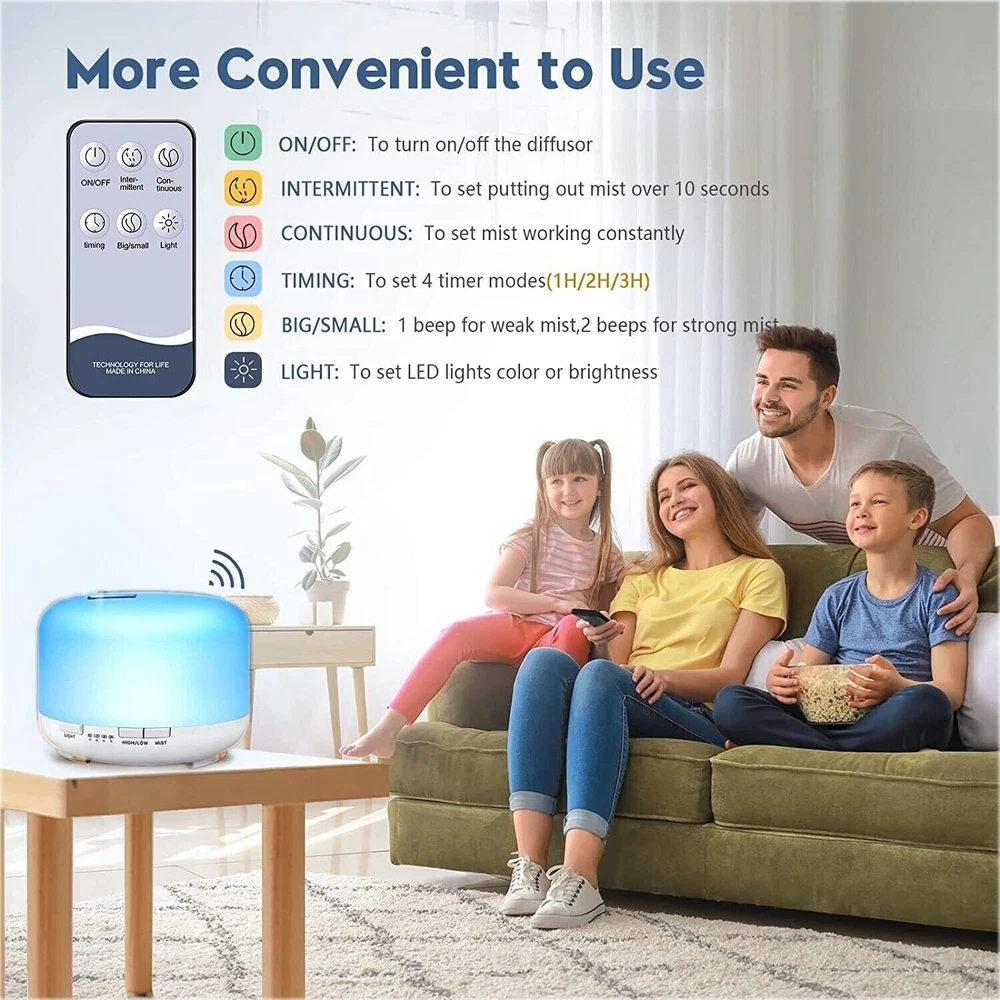 Air Purifier Humidifier with Essential Oil Diffuser and 7-Color LED Light for Bedroom