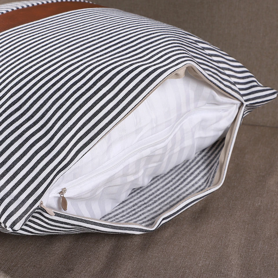 Farmhouse Pillow Covers 18x18 inch Set of 2 Faux Leather Stripe Cushion Covers - Image 4 of 4