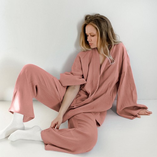 2024 hot Summer loose robe set double gauze pure color women pajamas sweat suit - Picture 34 of 36