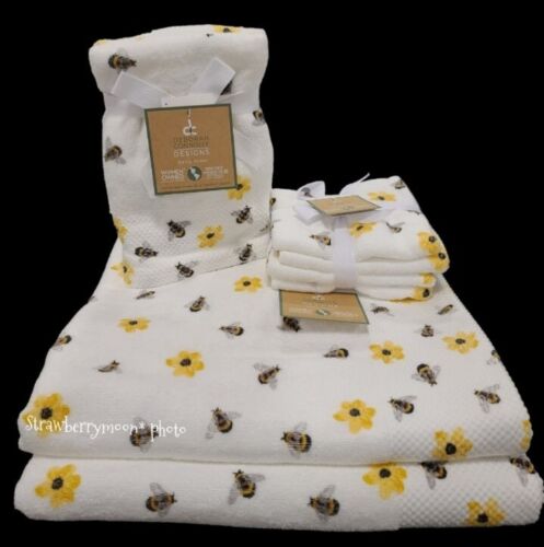x8 Bath Hand Washcloth Towel Set Deborah Connolly Honey Bee Flowers Waffle Weave - Picture 1 of 8
